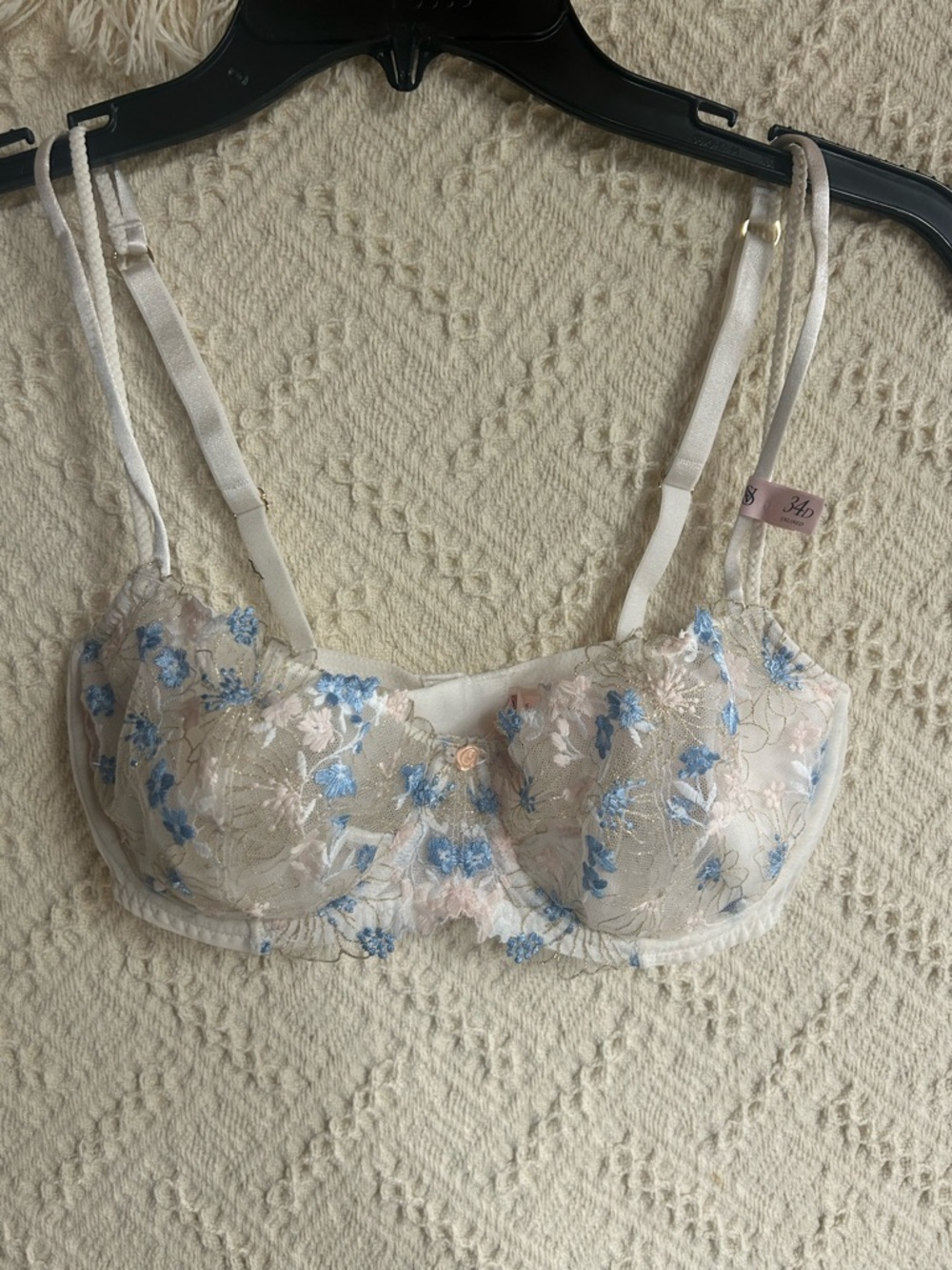 Victoria's Secret Floral Embroidered Balconette Bra - Cream & Blue